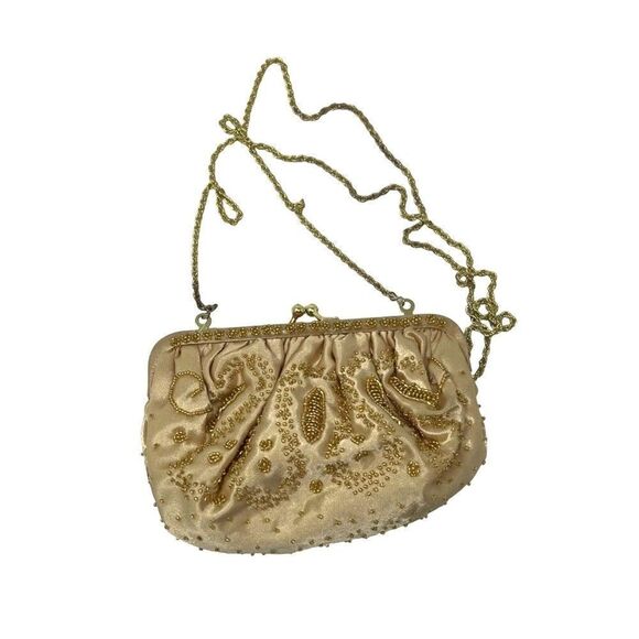 La Regale Fabric and Gold beaded cream bag with metal strap BoxU - Picture 2 of 4